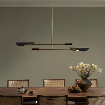 Astrid Double Pendant by Four Hands in dark brown leather, antique brass. Made from top grain leather, solid walnut, iron in a modern style.