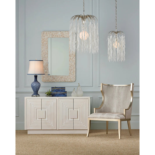 Glen Arbor Pendant by Currey and Company in white, contemporary silver leaf. Made from glass, wrought iron in a modern style.