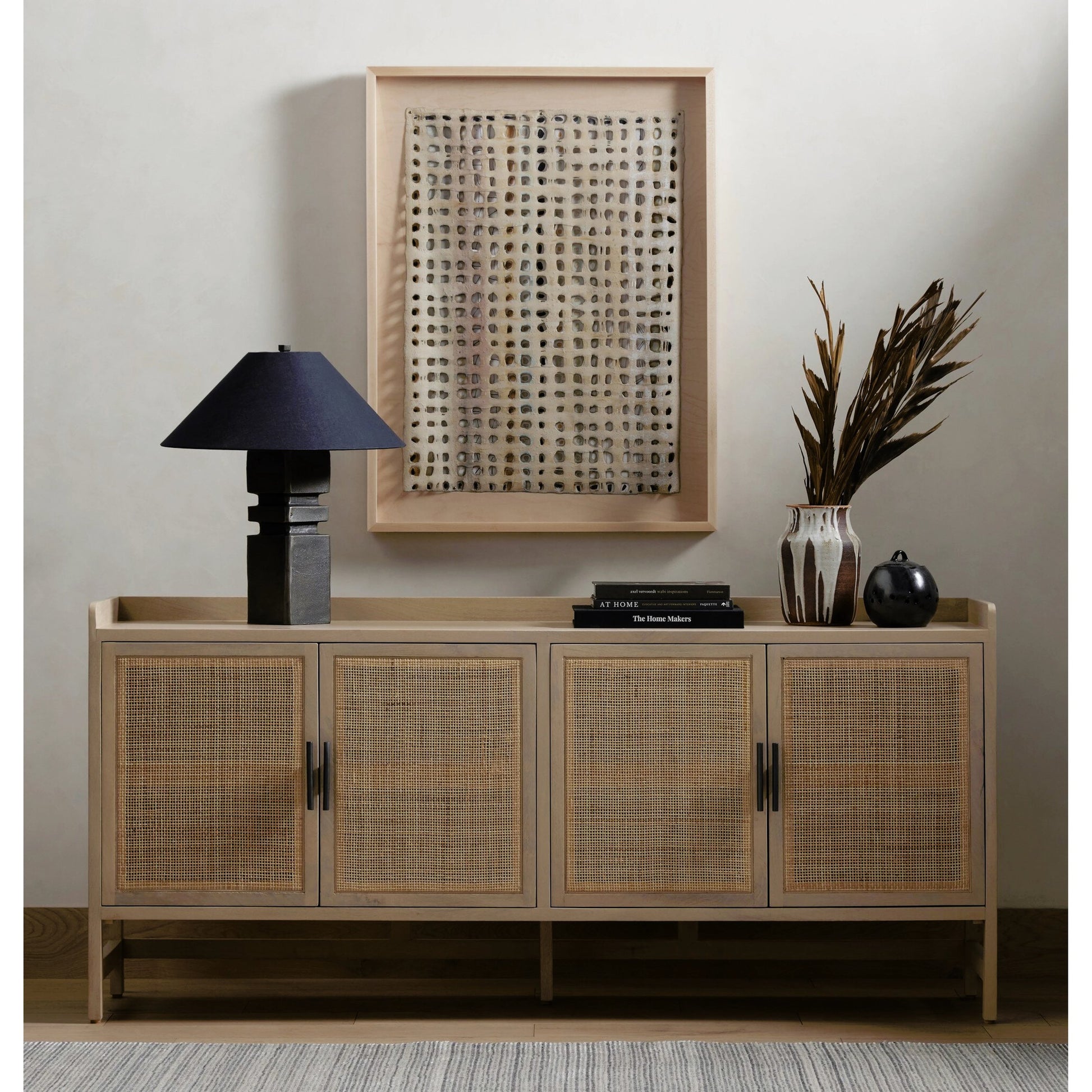 Caprice Sideboard by Four Hands in black wash mango, natural cane. Made from solid mango, cane in a coastal style.