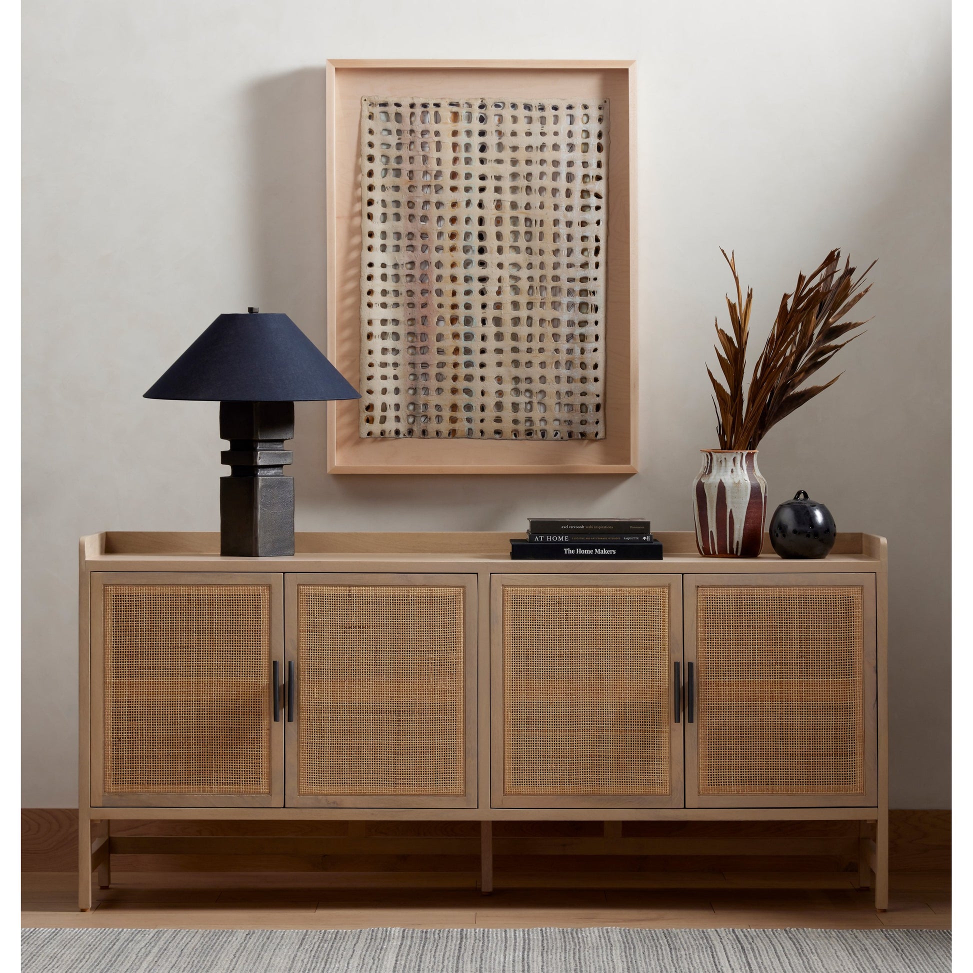 Caprice Sideboard by Four Hands in black wash mango, natural cane. Made from solid mango, cane in a coastal style.