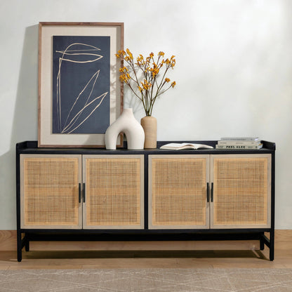 Caprice Sideboard by Four Hands in black wash mango, natural cane. Made from solid mango, cane in a coastal style.