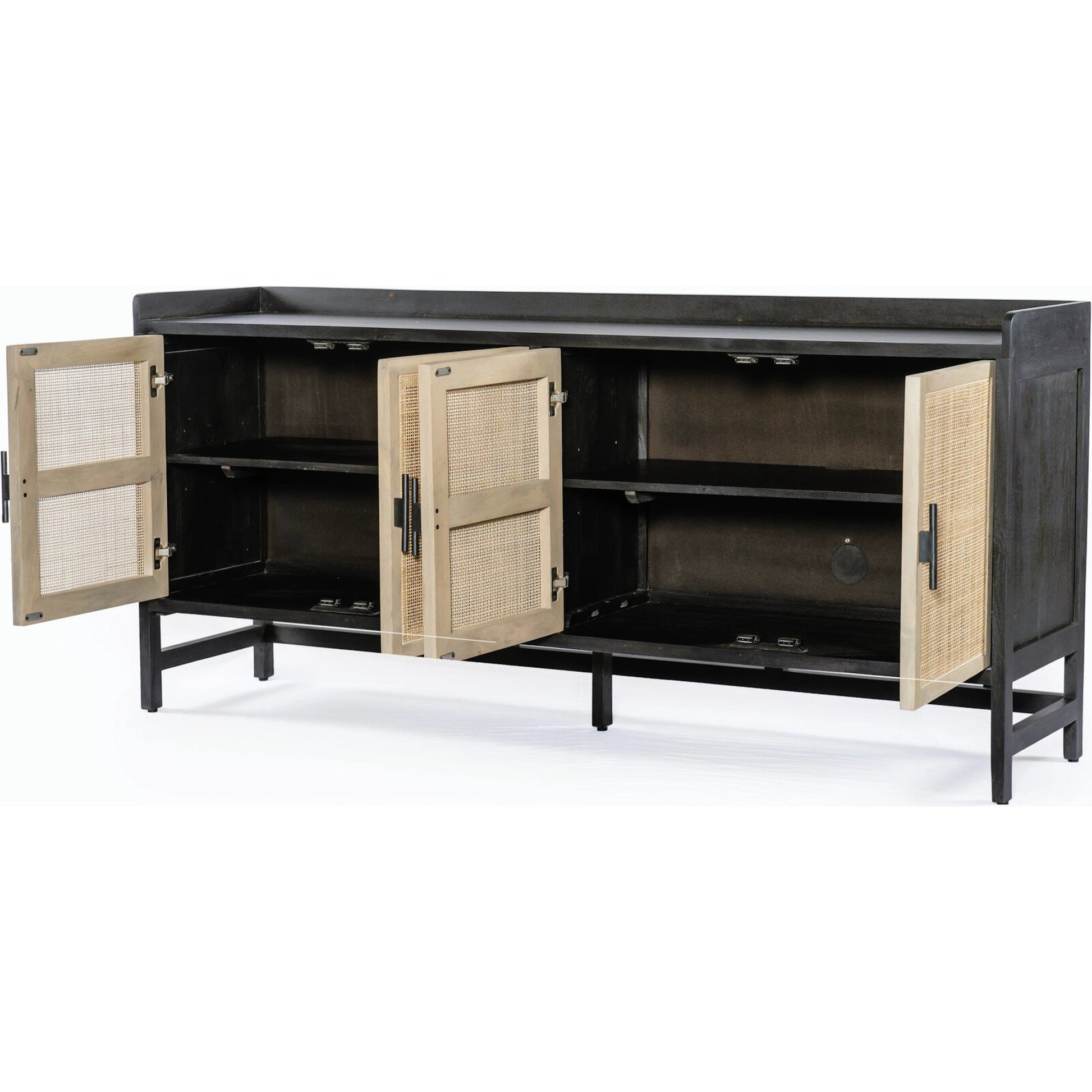 Caprice Sideboard by Four Hands in black wash mango, natural cane. Made from solid mango, cane in a coastal style.