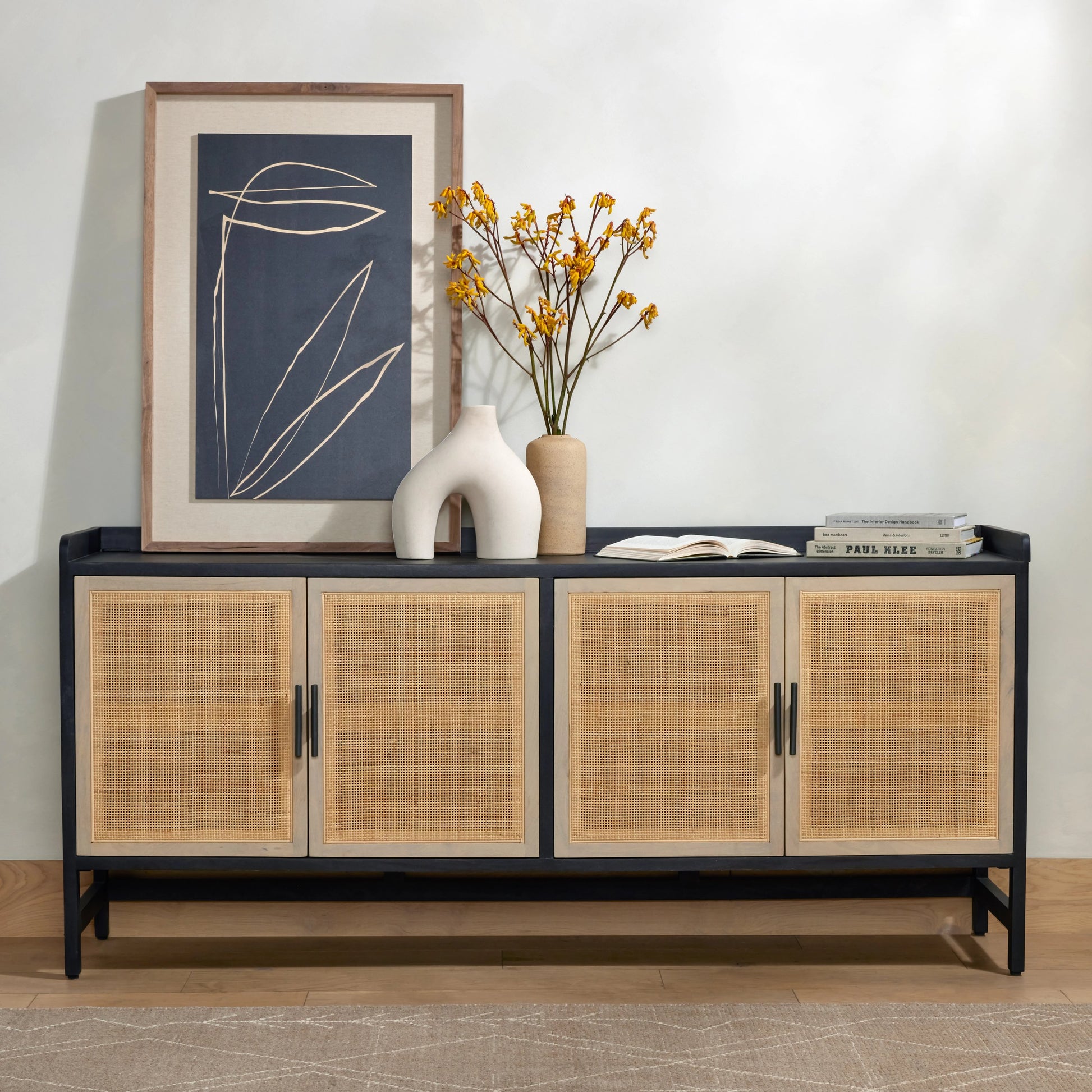 Caprice Sideboard by Four Hands in black wash mango, natural cane. Made from solid mango, cane in a coastal style.