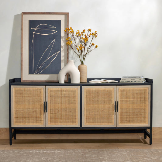 Caprice Sideboard by Four Hands in black wash mango, natural cane. Made from solid mango, cane in a coastal style.
