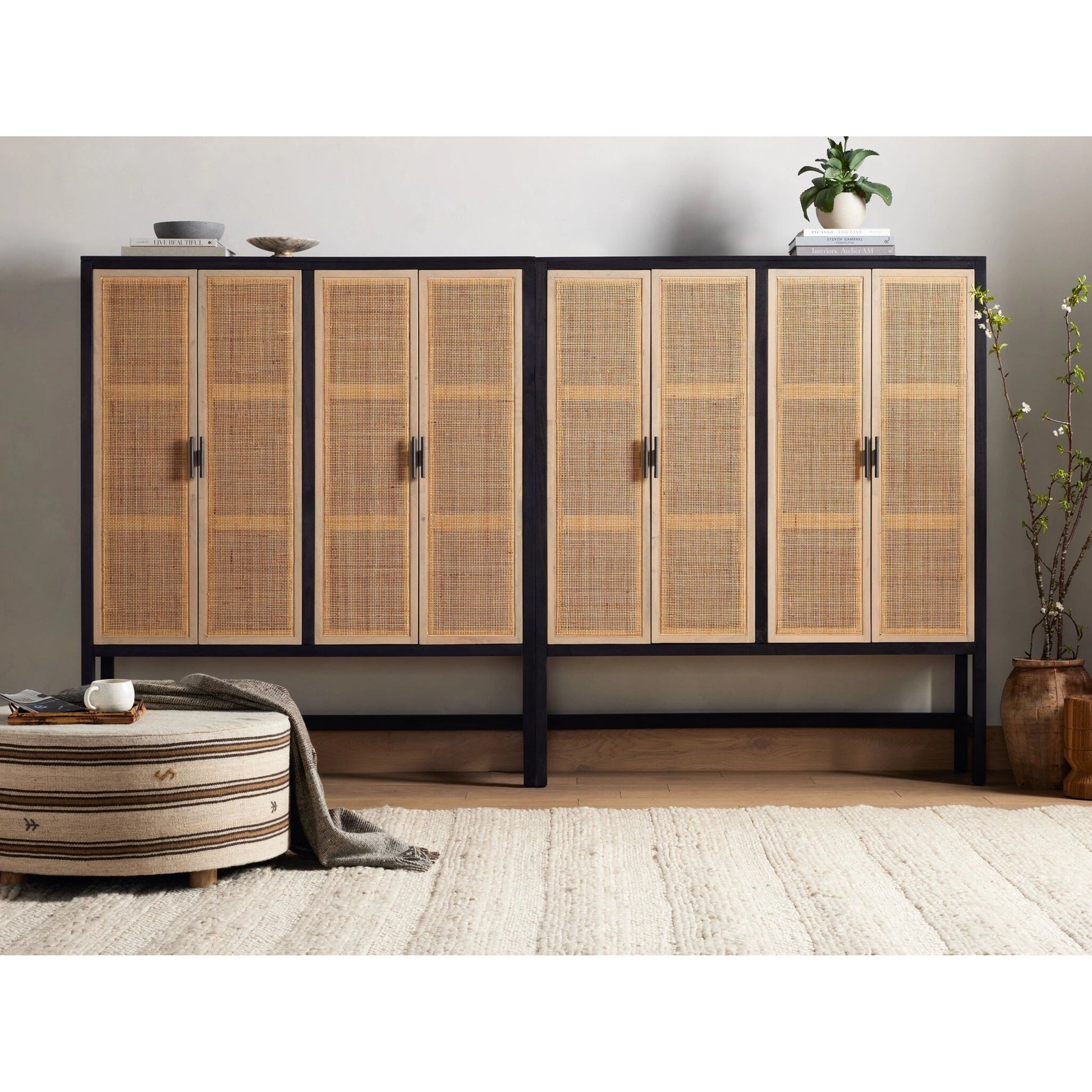 Caprice Cabinet by Four Hands in black wash mango, black natural cane. Made from cane, solid mango in a eclectic & global style.