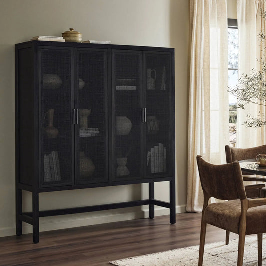 Caprice Cabinet by Four Hands in black wash mango, black natural cane. Made from cane, solid mango in a eclectic & global style.