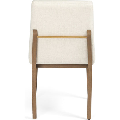 Elsie Dining Chair by Four Hands in savile flax, satin brass, honey oak and honey oak, savile flax. Made from 92% polyester, 8% flax, linen, solid oak, stainless steel in a eclectic & global style.