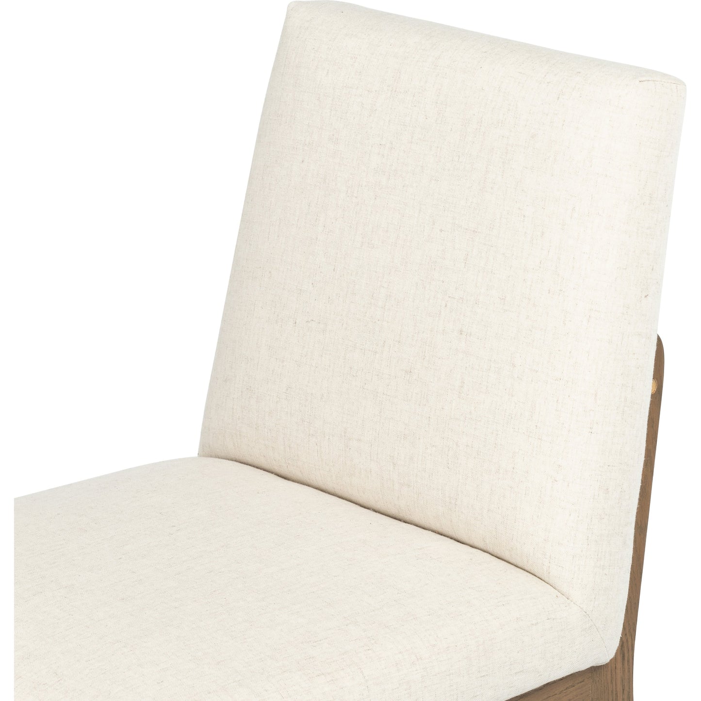 001 SI-1715160 | Closeup | Elsie Dining Chair by Four Hands in savile flax, satin brass, honey oak and honey oak, savile flax. Made from 92% polyester, 8% flax, linen, solid oak, stainless steel in a eclectic & global style.