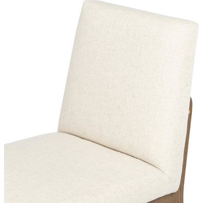 Elsie Dining Chair by Four Hands in savile flax, satin brass, honey oak and honey oak, savile flax. Made from 92% polyester, 8% flax, linen, solid oak, stainless steel in a eclectic & global style.