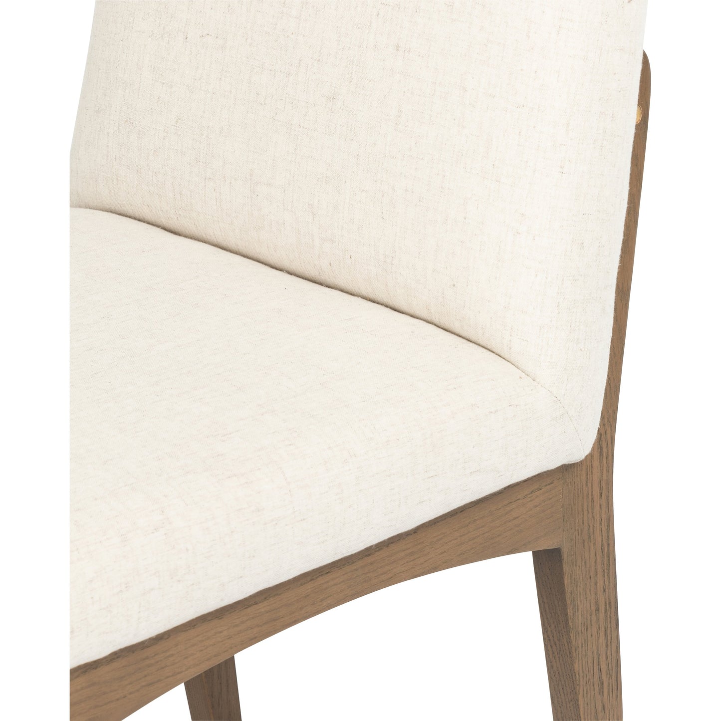005 SI-1715160 | Closeup | Elsie Dining Chair by Four Hands in savile flax, satin brass, honey oak and honey oak, savile flax. Made from 92% polyester, 8% flax, linen, solid oak, stainless steel in a eclectic & global style.