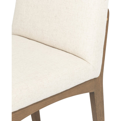 Elsie Dining Chair by Four Hands in savile flax, satin brass, honey oak and honey oak, savile flax. Made from 92% polyester, 8% flax, linen, solid oak, stainless steel in a eclectic & global style.