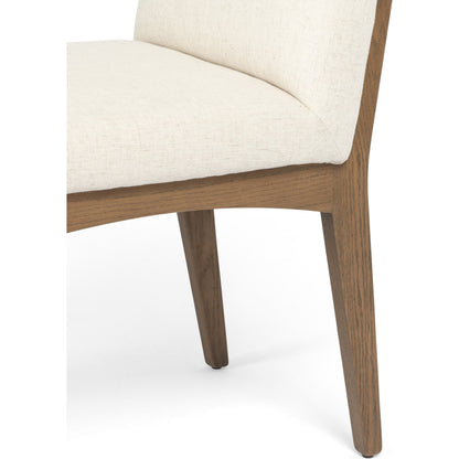 Elsie Dining Chair by Four Hands in savile flax, satin brass, honey oak and honey oak, savile flax. Made from 92% polyester, 8% flax, linen, solid oak, stainless steel in a eclectic & global style.