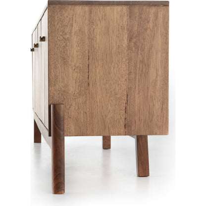 Reza Media Console by Four Hands in worn black. Made from solid parawood, solid acacia, iron in a eclectic & global style.