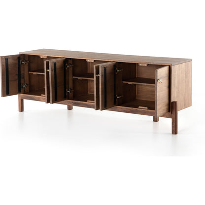 Reza Media Console by Four Hands in worn black. Made from solid parawood, solid acacia, iron in a eclectic & global style.