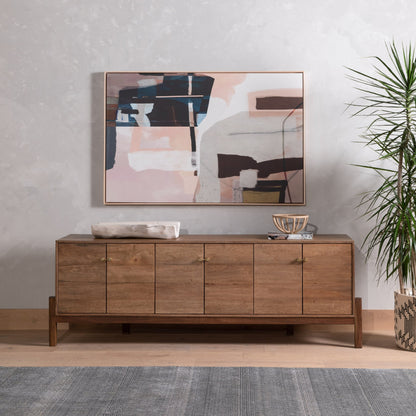 Reza Media Console by Four Hands in worn black. Made from solid parawood, solid acacia, iron in a eclectic & global style.