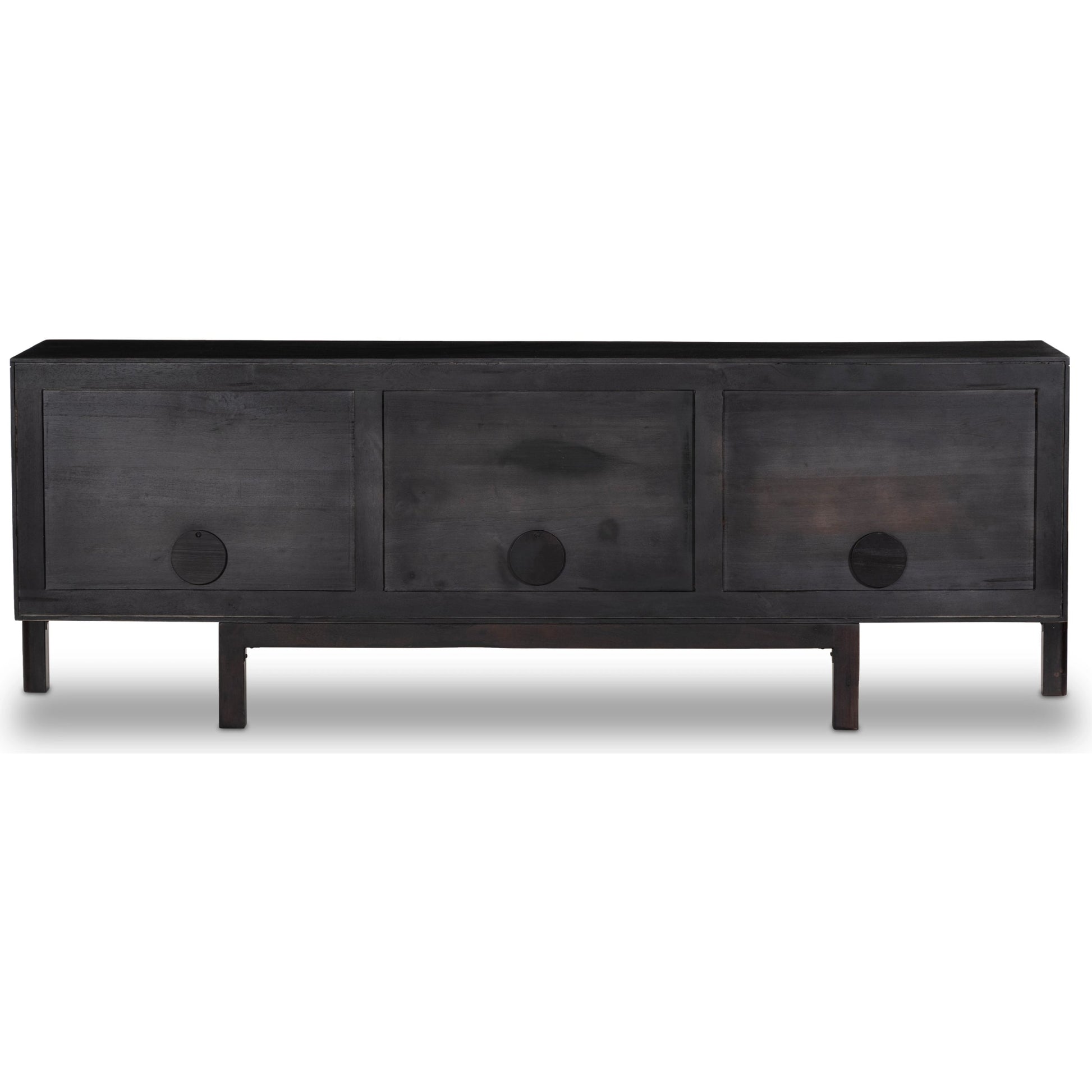 Reza Media Console by Four Hands in worn black. Made from solid parawood, solid acacia, iron in a eclectic & global style.