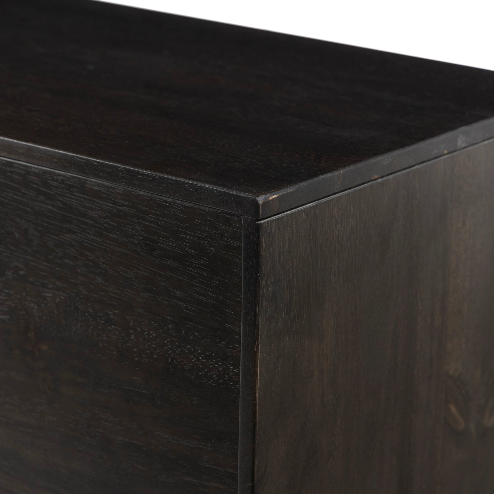 Reza Media Console by Four Hands in worn black. Made from solid parawood, solid acacia, iron in a eclectic & global style.
