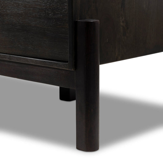 Reza Media Console by Four Hands in worn black. Made from solid parawood, solid acacia, iron in a eclectic & global style.