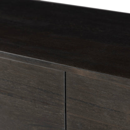 Reza Media Console by Four Hands in worn black. Made from solid parawood, solid acacia, iron in a eclectic & global style.