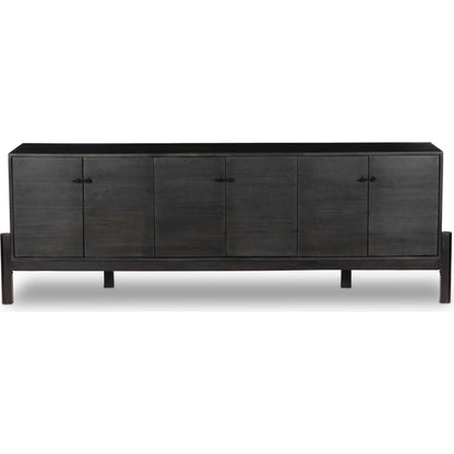 Reza Media Console by Four Hands in worn black. Made from solid parawood, solid acacia, iron in a eclectic & global style.
