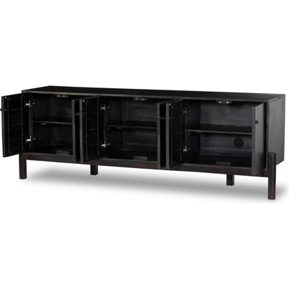 Reza Media Console by Four Hands in worn black. Made from solid parawood, solid acacia, iron in a eclectic & global style.