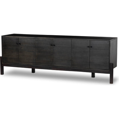 Reza Media Console by Four Hands in worn black. Made from solid parawood, solid acacia, iron in a eclectic & global style.