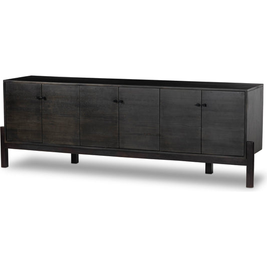 Reza Media Console by Four Hands in worn black. Made from solid parawood, solid acacia, iron in a eclectic & global style.