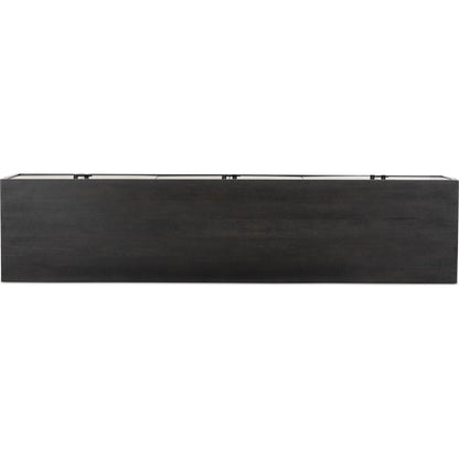 Reza Media Console by Four Hands in worn black. Made from solid parawood, solid acacia, iron in a eclectic & global style.