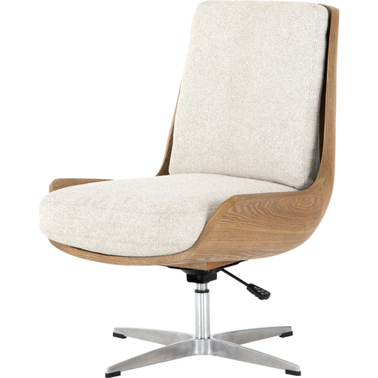 Burbank Desk Chair by Four Hands in elder sand, polished pewter, toasted ash veneer. Made from 100% polyester, ash veneer, aluminum in a modern style.