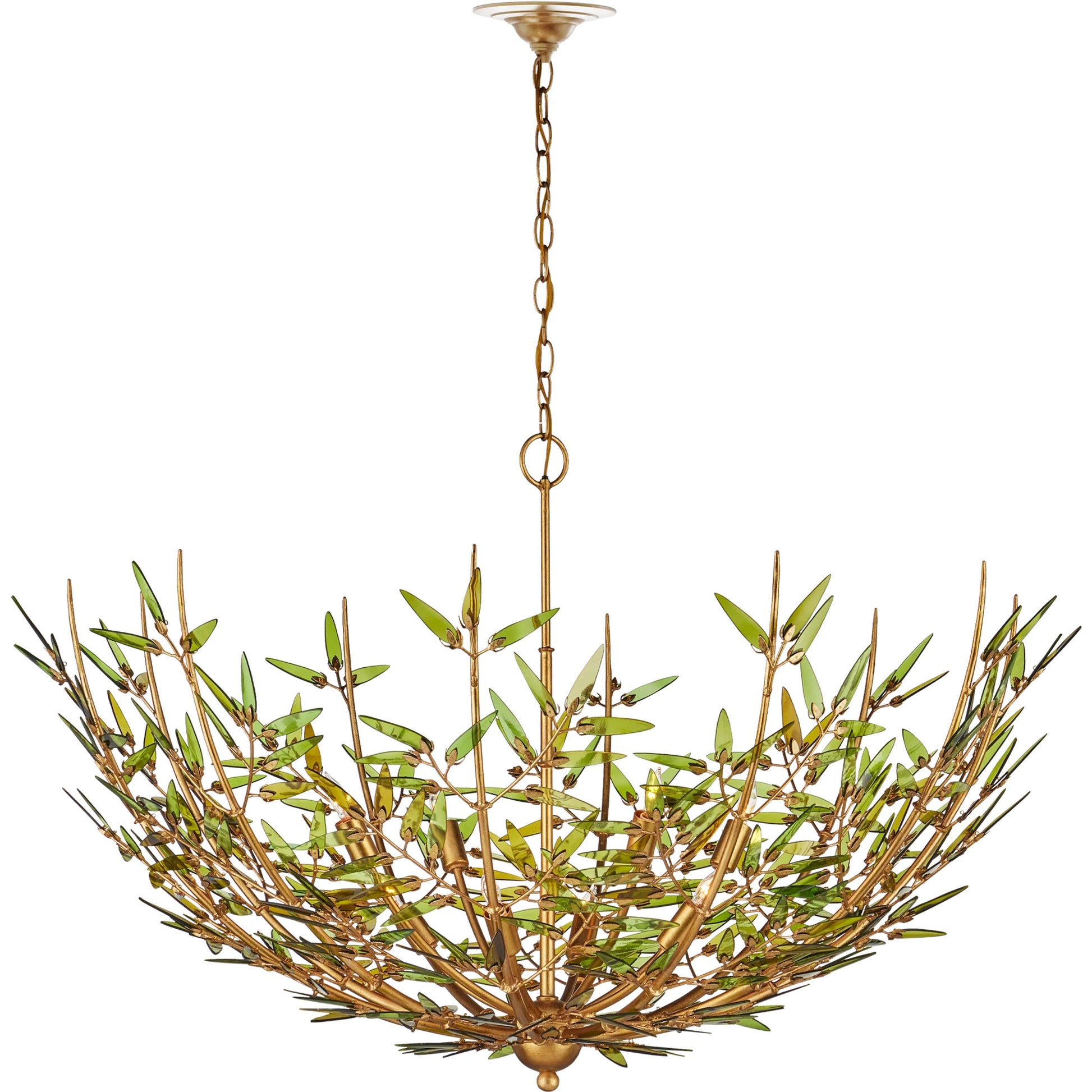 Babylon Chandelier by Currey and Company in green, contemporary gold leaf. Made from recycled bottle glass, wrought iron in a modern style.