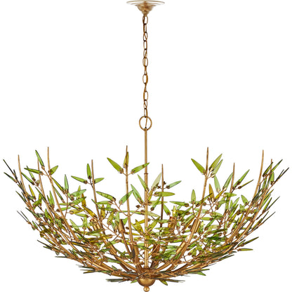 Babylon Chandelier by Currey and Company in green, contemporary gold leaf. Made from recycled bottle glass, wrought iron in a modern style.