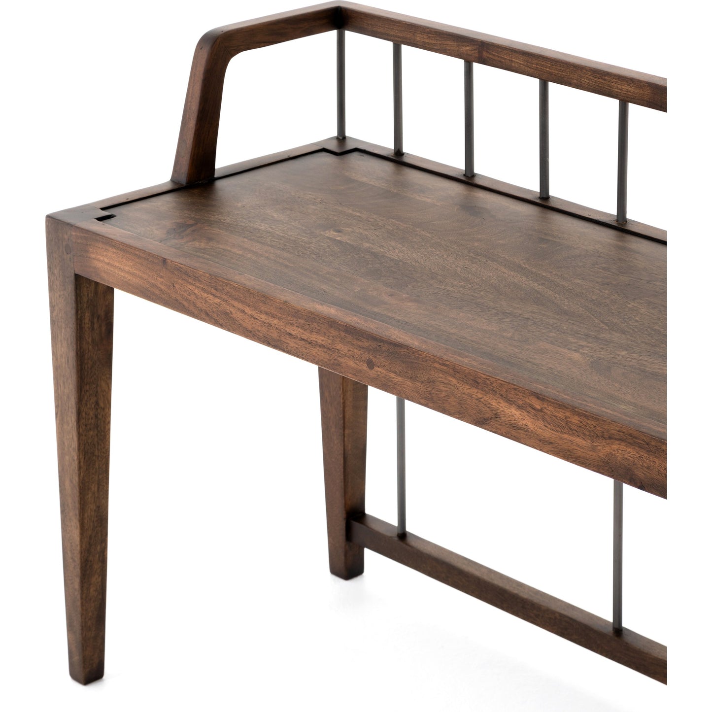 010 SI-1715621 | Closeup | Howard Bench by Four Hands in gunmetal, pecan and pecan. Made from solid mango, iron in a modern style.