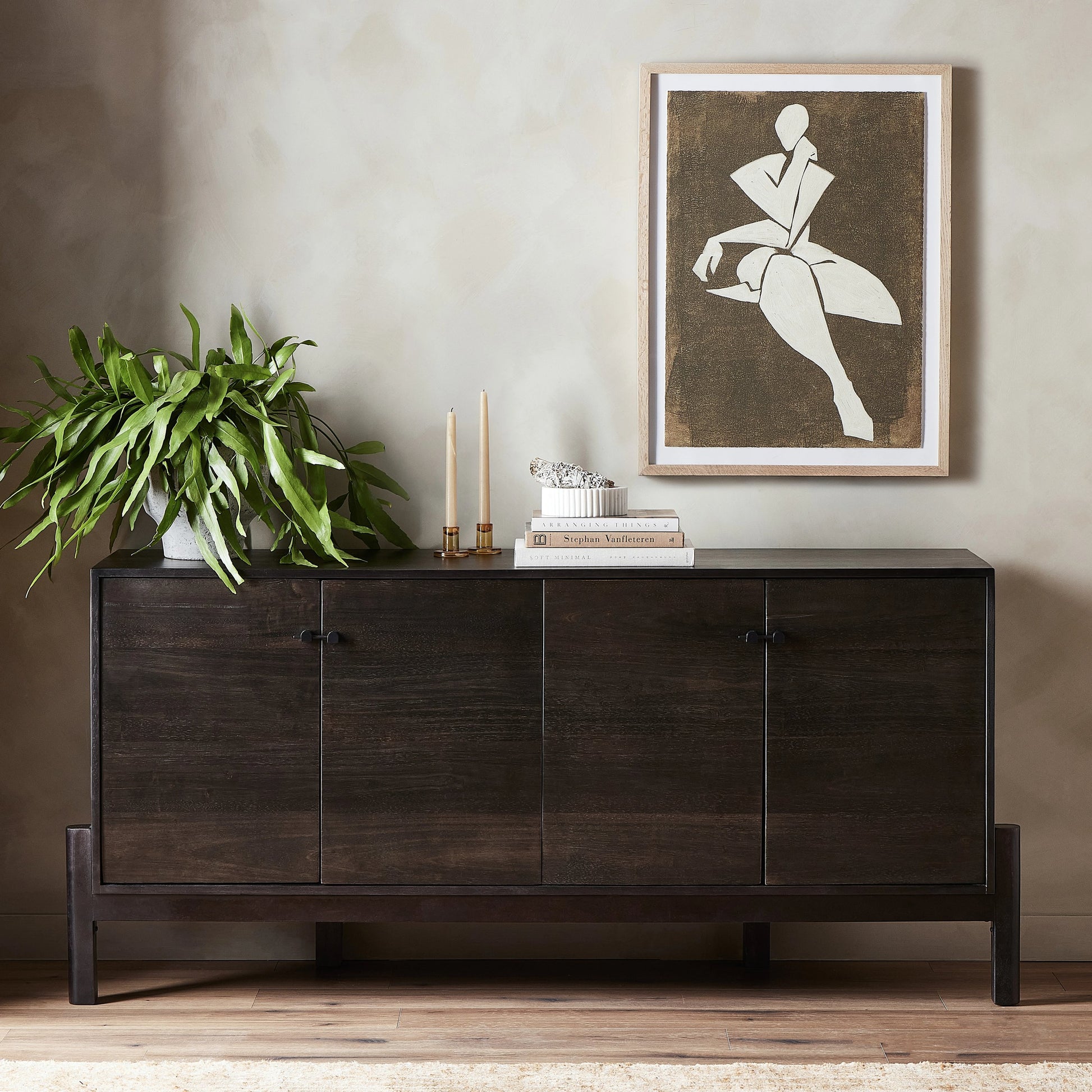 Reza Sideboard by Four Hands in smoked honey. Made from solid parawood, solid acacia, brass in a eclectic & global style.