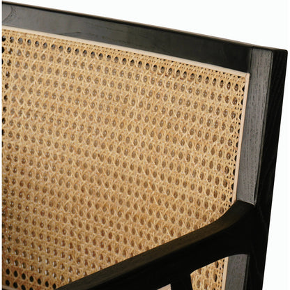 Antonia Bar Stool by Four Hands in light natural cane, brushed ebony, brass kickplate, savile flax. Made from 92% polyester, 8% flax, linen, solid nettlewood, iron in a modern style.
