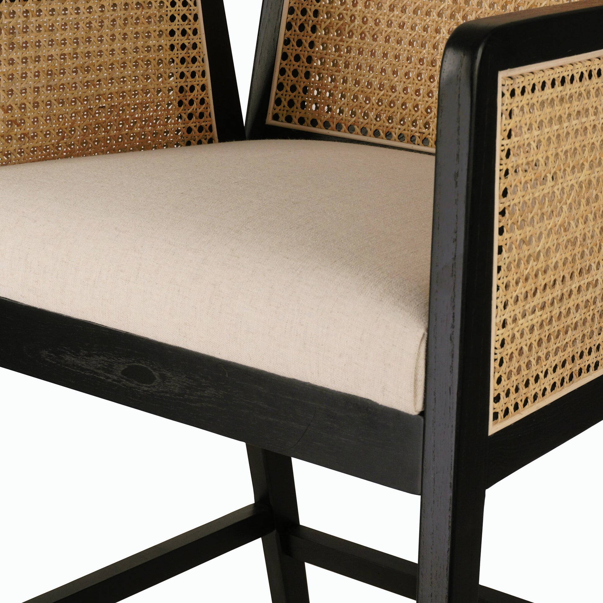 Antonia Bar Stool by Four Hands in light natural cane, brushed ebony, brass kickplate, savile flax. Made from 92% polyester, 8% flax, linen, solid nettlewood, iron in a modern style.