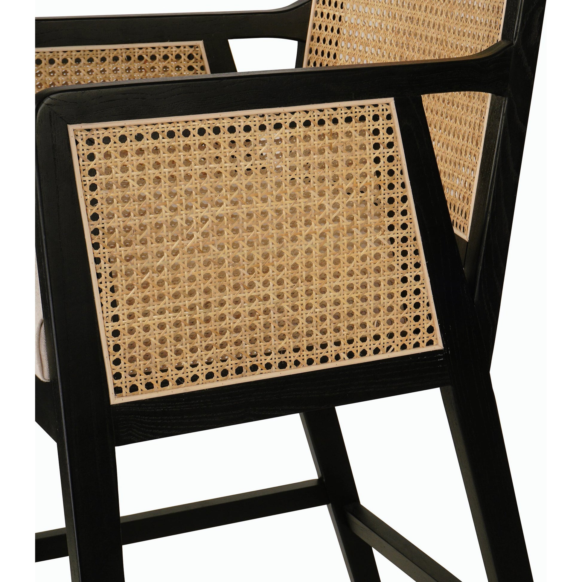 Antonia Bar Stool by Four Hands in light natural cane, brushed ebony, brass kickplate, savile flax. Made from 92% polyester, 8% flax, linen, solid nettlewood, iron in a modern style.