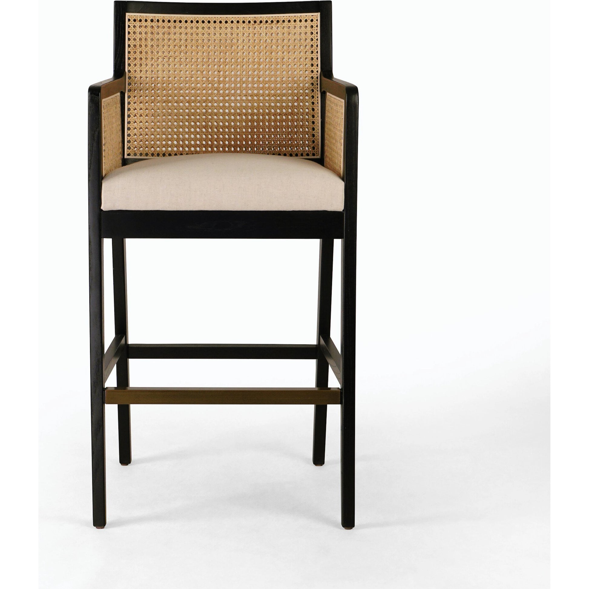 Antonia Bar Stool by Four Hands in light natural cane, brushed ebony, brass kickplate, savile flax. Made from 92% polyester, 8% flax, linen, solid nettlewood, iron in a modern style.