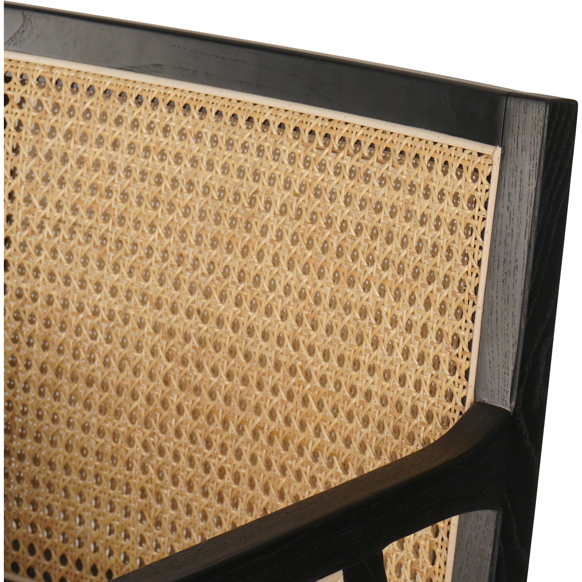 Antonia Bar Stool by Four Hands in light natural cane, brushed ebony, brass kickplate, savile flax. Made from 92% polyester, 8% flax, linen, solid nettlewood, iron in a modern style.