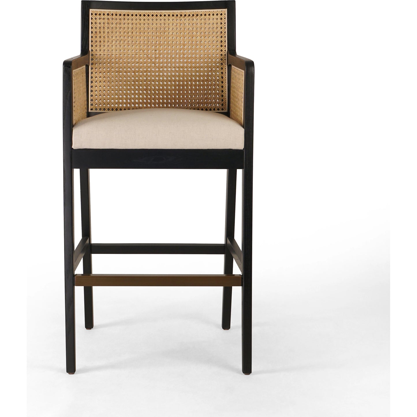 003 SI-1980072 | Additional Silo | Antonia Bar Stool by Four Hands in light natural cane, brushed ebony, brass kickplate, savile flax. Made from 92% polyester, 8% flax, linen, solid nettlewood, iron in a modern style.