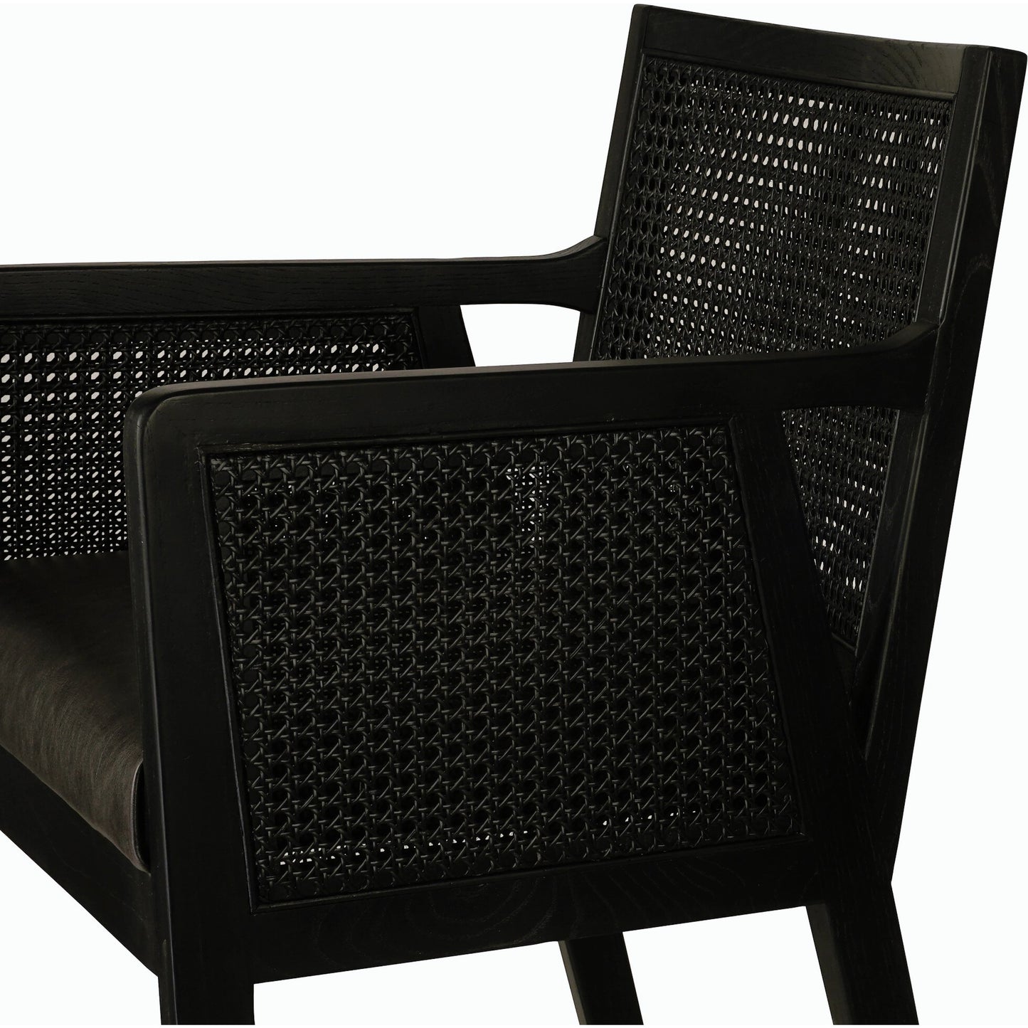 106 SI-1977036 | Closeup | Antonia Cane Counter Stool by Four Hands in sonoma black, brushed ebony. Made from top grain leather, solid nettlewood, iron in a modern style.