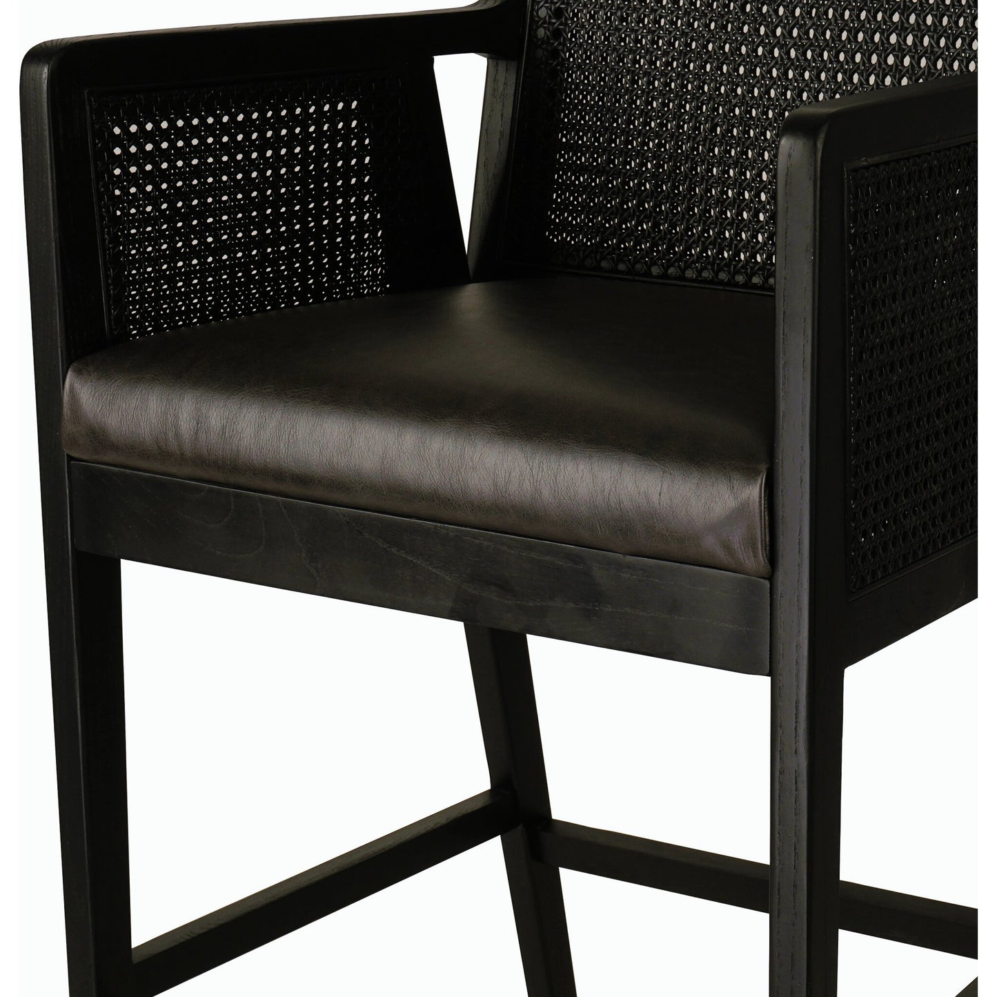109 SI-1977036 | Closeup | Antonia Cane Counter Stool by Four Hands in sonoma black, brushed ebony. Made from top grain leather, solid nettlewood, iron in a modern style.