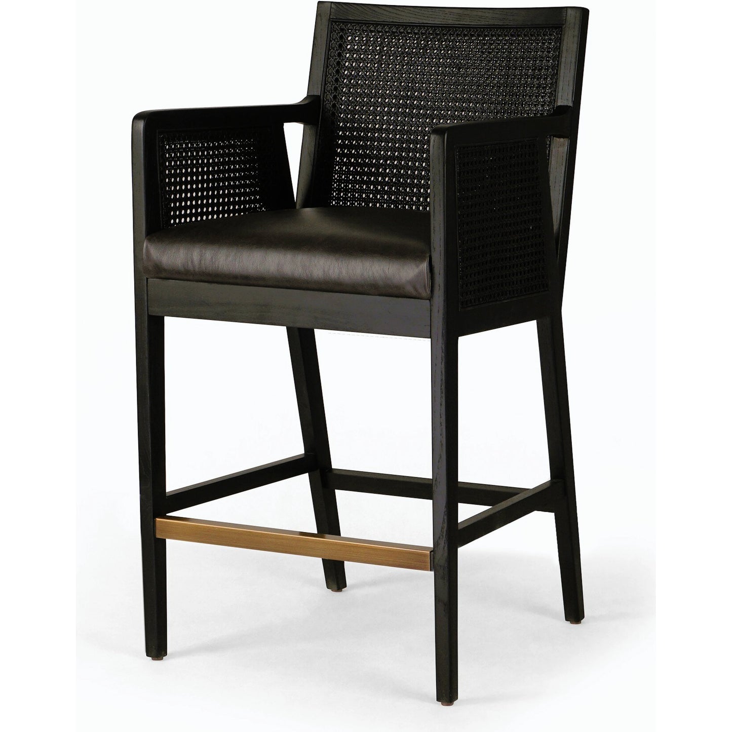 102 SI-1977036 | Primary Silo | Antonia Cane Counter Stool by Four Hands in sonoma black, brushed ebony. Made from top grain leather, solid nettlewood, iron in a modern style.