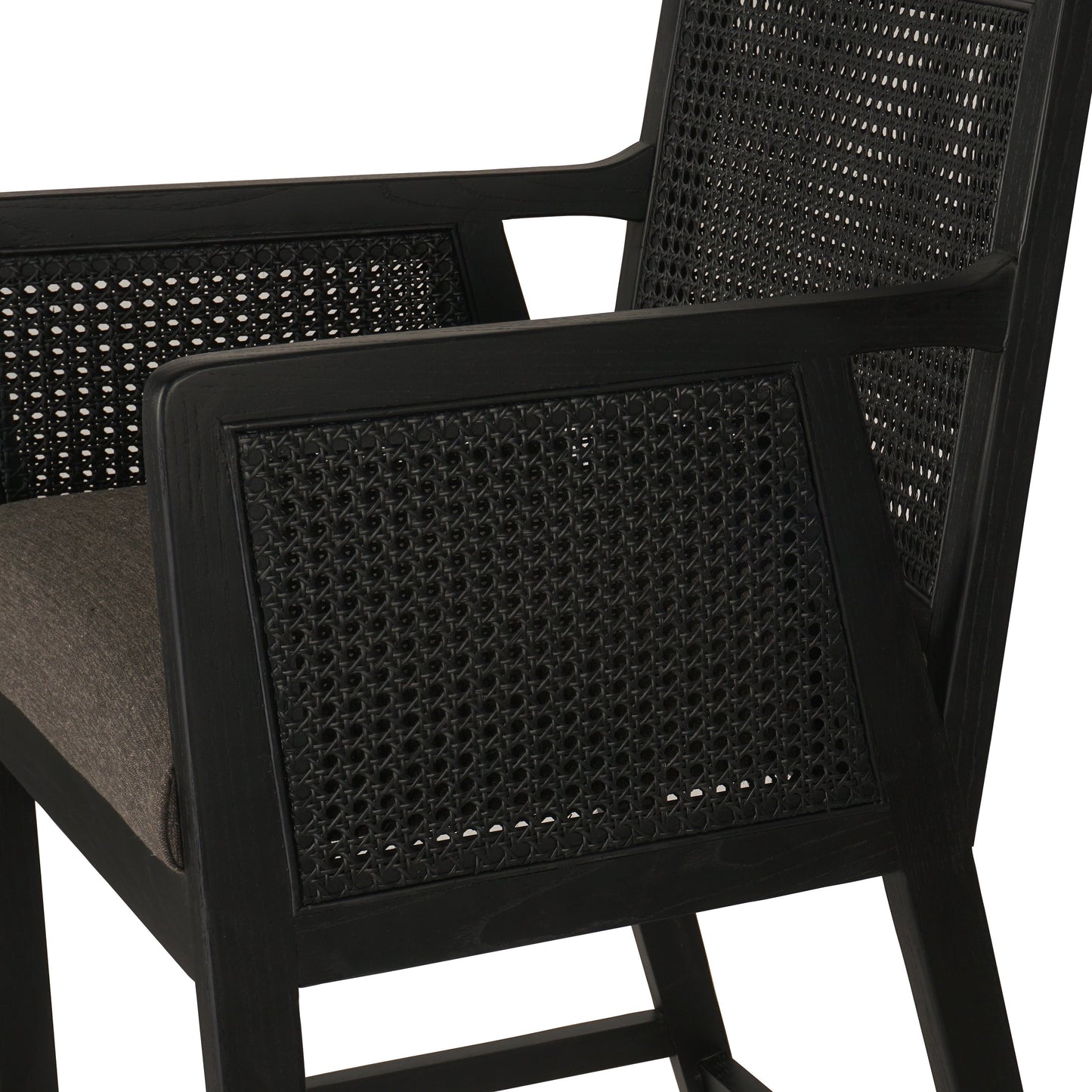 042 SI-1977036 | Closeup | Antonia Cane Counter Stool by Four Hands in sonoma black, brushed ebony. Made from top grain leather, solid nettlewood, iron in a modern style.