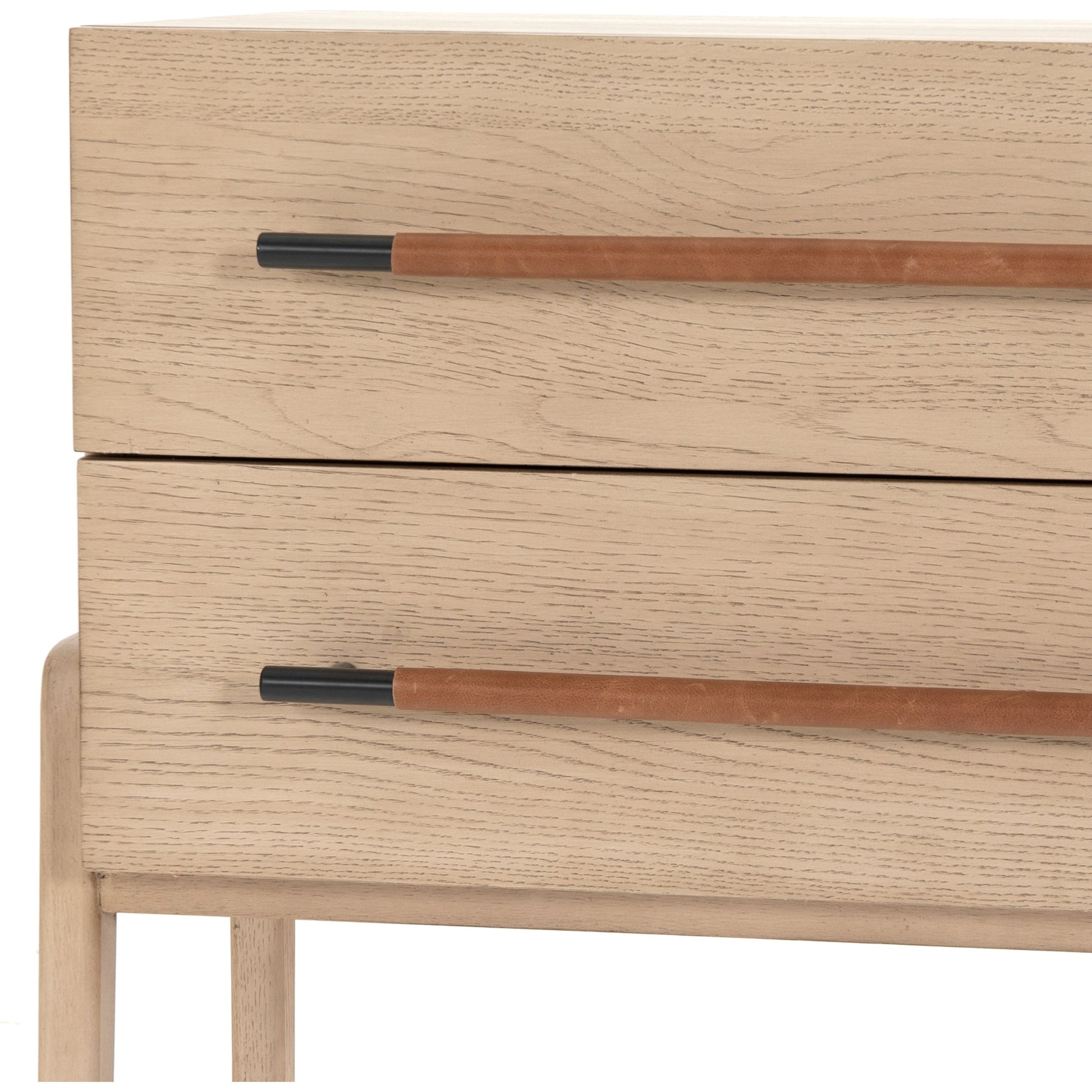 Rosedale Nightstand by Four Hands. Made from oak veneer, top grain leather in a modern style.