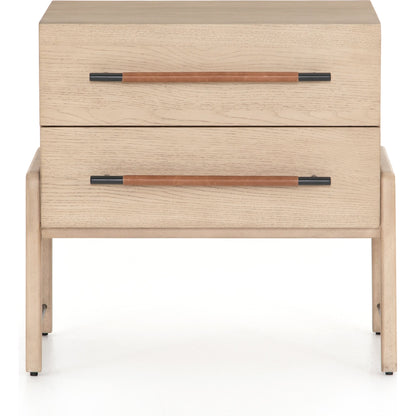 Rosedale Nightstand by Four Hands. Made from oak veneer, top grain leather in a modern style.