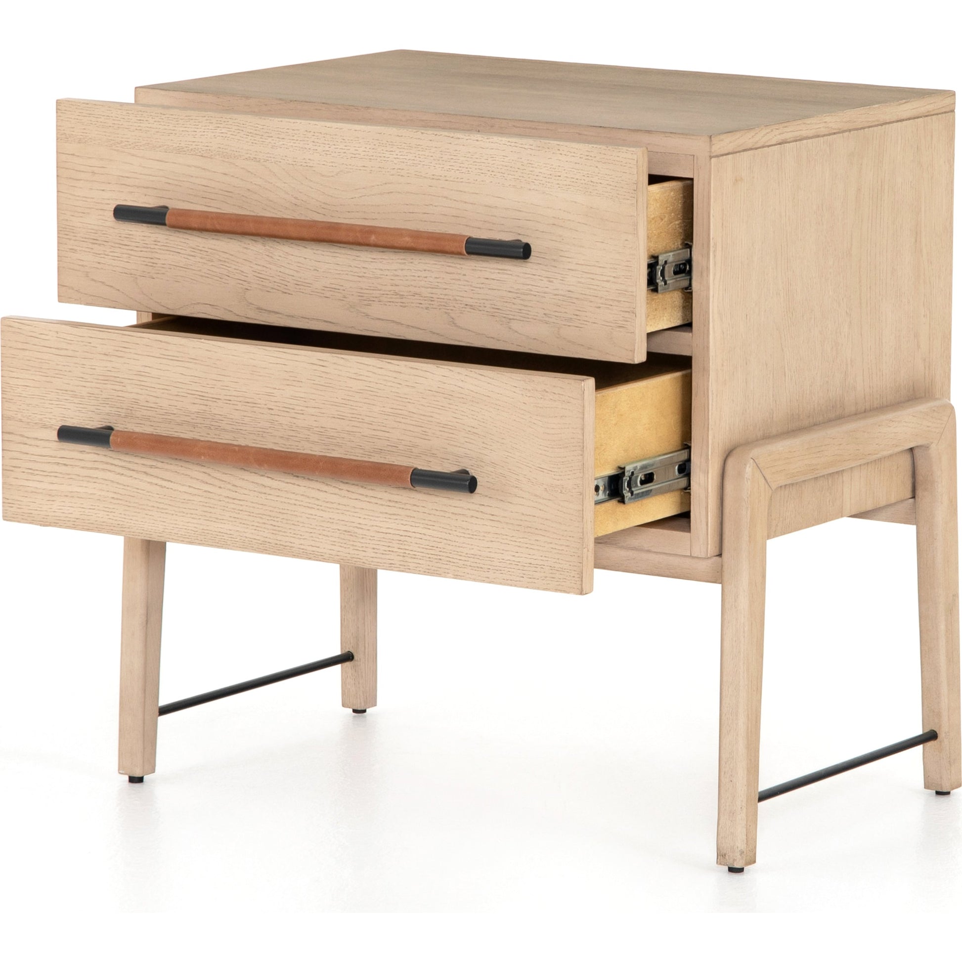 Rosedale Nightstand by Four Hands. Made from oak veneer, top grain leather in a modern style.