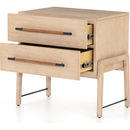 Rosedale Nightstand by Four Hands. Made from oak veneer, top grain leather in a modern style.