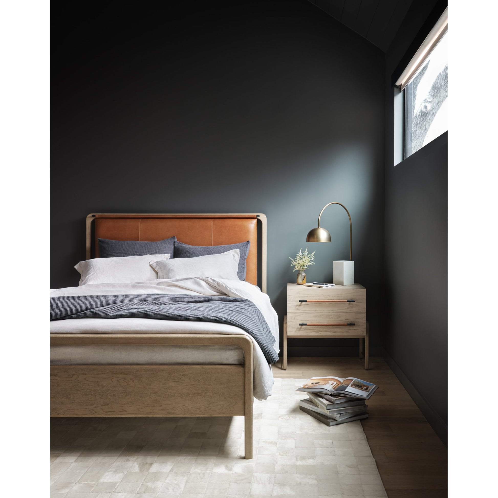 Rosedale Nightstand by Four Hands. Made from oak veneer, top grain leather in a modern style.