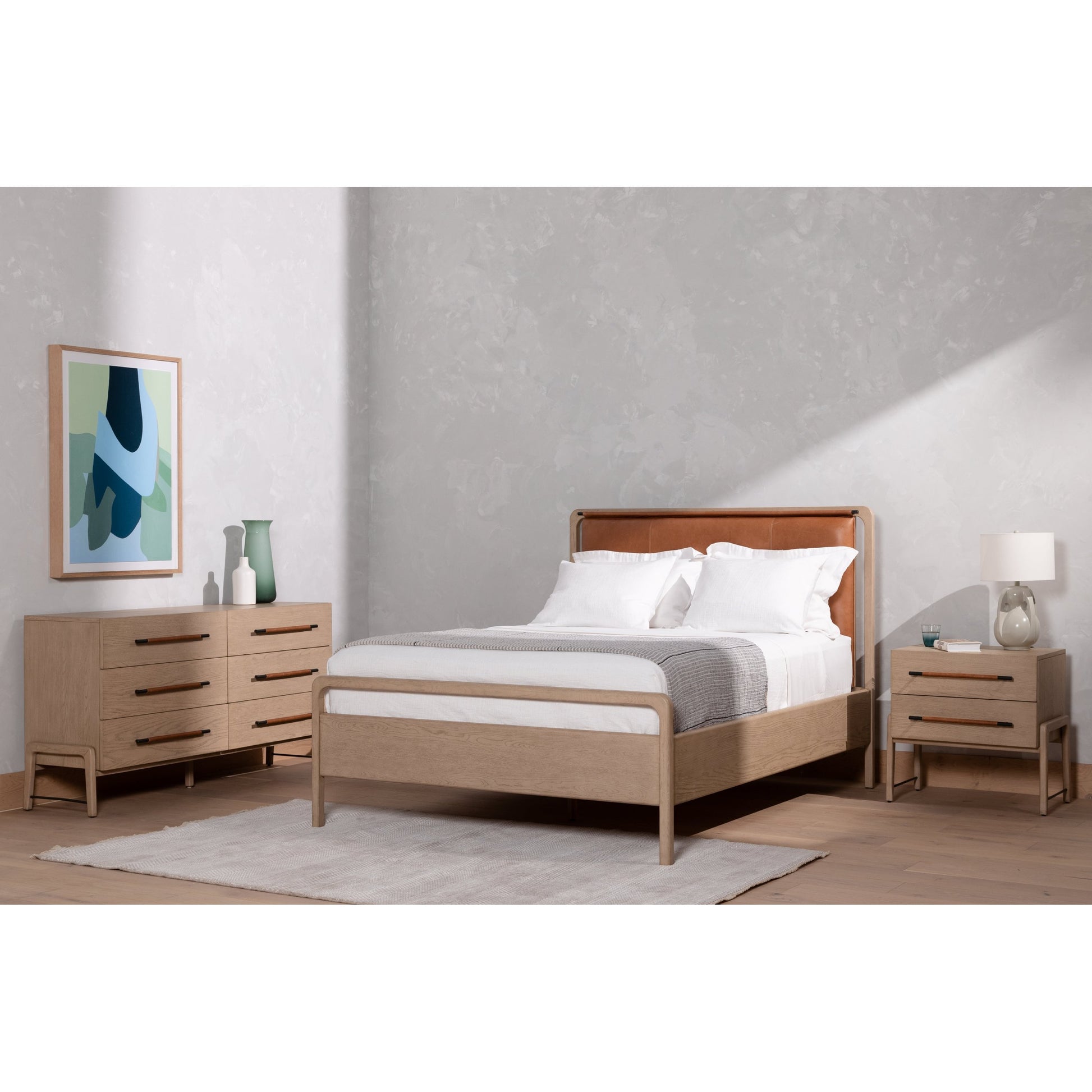 Rosedale Nightstand by Four Hands. Made from oak veneer, top grain leather in a modern style.
