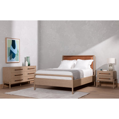 Rosedale Nightstand by Four Hands. Made from oak veneer, top grain leather in a modern style.